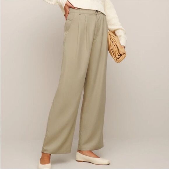 Reformation Mason High Waisted Wide Leg Trouser Pants in light Khaki 12 - Picture 2 of 6